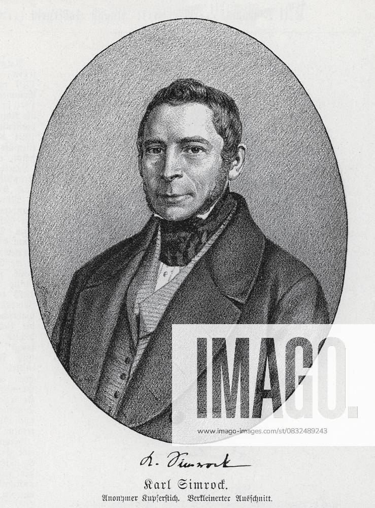 Karl Simrock (1802-1876) Kupferstich, aus Könnecke Bilderatlas zur Geschichte der Deutschen Litteratur Marburg, 1887 Karl Simrock (1802-1876) Copperplate engraving, from Könnecke Bilderatlas zur Geschichte der Deutschen Litteratur Marburg, 1887