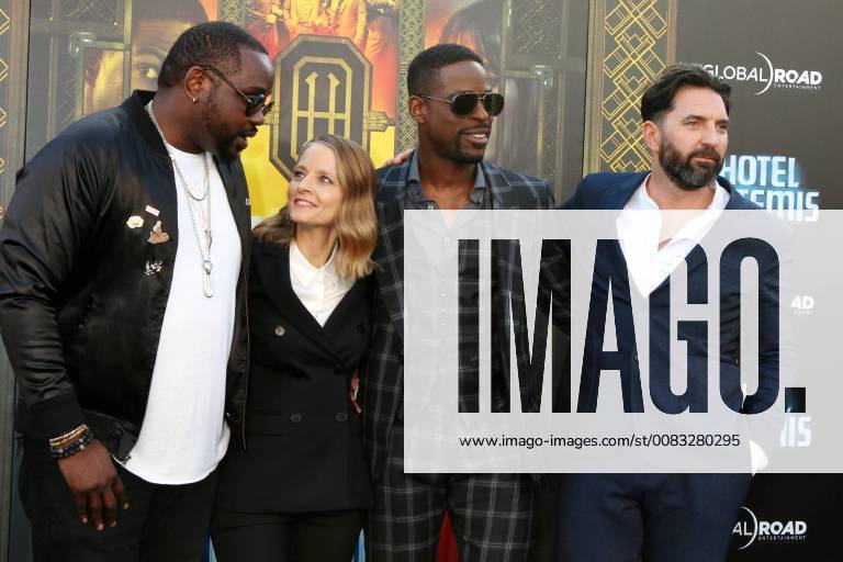 WESTWOOD, CA - MAY 19: Brian Tyree Henry, Jodie Foster, Sterling K Brown at the premiere of Global Road Entertainment s Hotel Artemis at Regency Village Theatre on May 19, 2018 in Westwood, California.