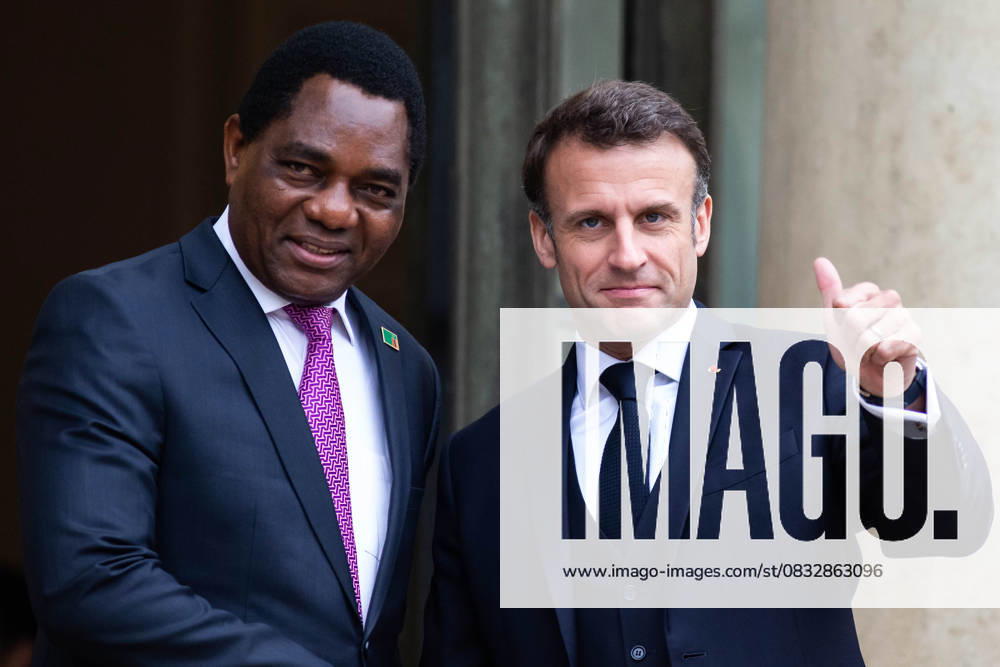 Zambian President Hakainde Hichilema in Paris PARIS, FRANCE - MAY 10: French President Emmanuel Macron (R) welcomes Zambian President Hakainde Hichilema (L) at the Elysee Palace in Paris, France on April 10, 2023. France World. Editorial use only. Please get in touch for any other usage.