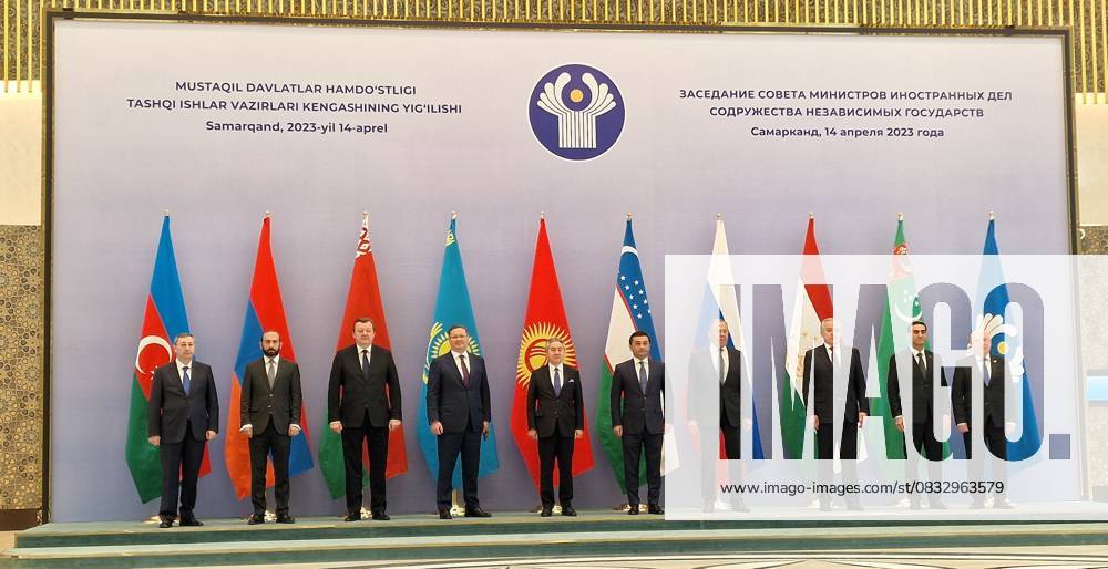 Commonwealth of Independent States summit in Samarkand, Uzbekistan TASHKENT, UZBEKISTAN - APRIL 14: Russian Foreign Minister Sergey Lavrov (4rth R), Kazakhstan Deputy Prime Minister and Minister of Foreign Affairs Murat Nurtileu (L), Kyrgyzstan Foreign Minister Jeenbek Kulubayev (5th L), Uzbekistan Deputy Foreign Minister Bakhtiyar Saidov (5th R) Armenian Foreign Minister Ararat Mirzoyan (2nd L), Belarusian Foreign Minister Sergey Aleynik (3rd L), Azerbaijani Deputy Foreign Minister Halaf Halafov (L), Turkmenistan Deputy Foreign Minister Vepa Hajiyev (2nd R) and CIS Executive Committee Chairman Sergey Lebedev (R) poses for a family photo after attending Commonwealth of Independent States summit at the Congress Center in Samarkand, Uzbekista