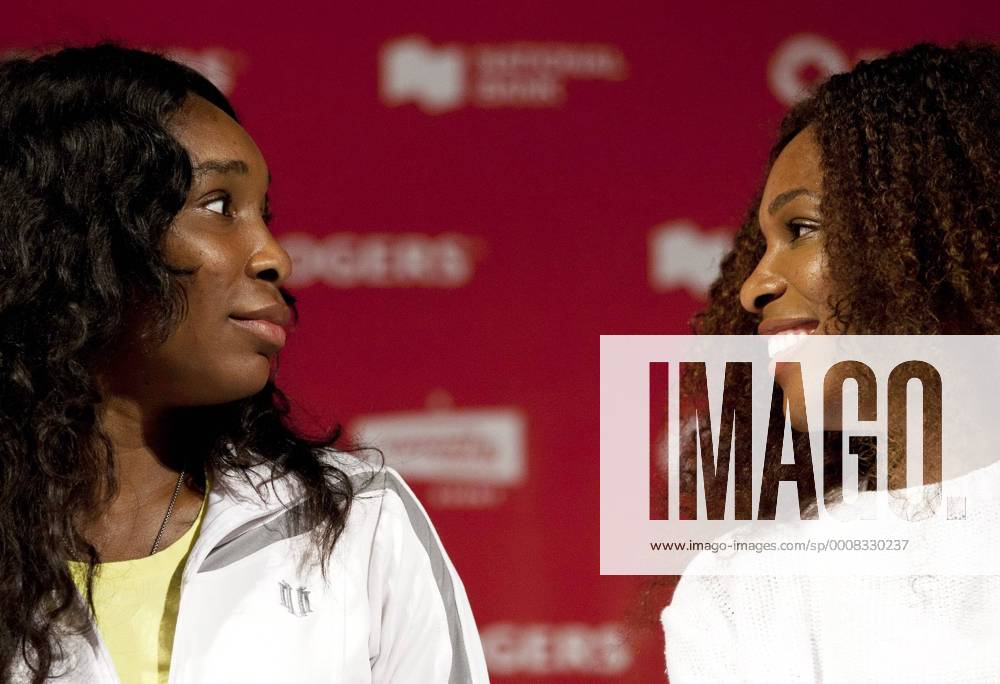 Aug. 6, 2011 - Montreal, Quebec, Canada - Sisters VENUS WILLIAMS (L) and SERENA WILLIAMS of the United States discuss the Rogers Cup draw at a press conference at York University. Tennis 2011 - Rogers Cup - ZUMAc10