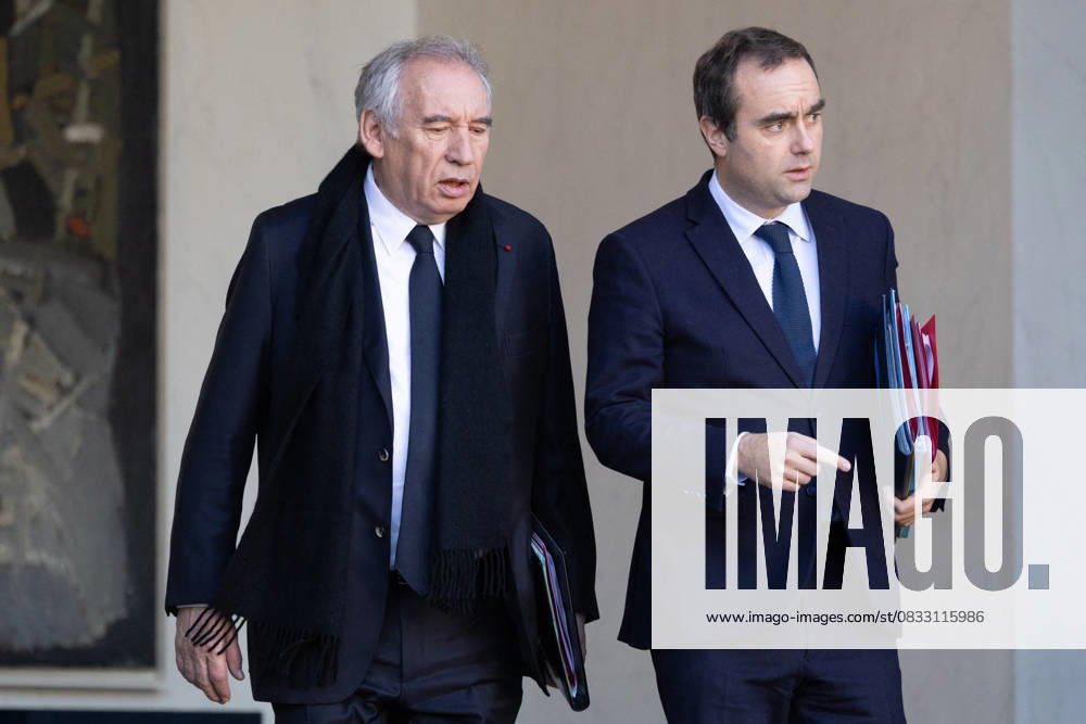 Weekly cabinet meeting - Paris French Prime Minister Francois Bayrou, French Minister for the Armed Forces Sebastien Lecornu leave after the first cabinet meeting since the Ministers appointements on December 24, 2024, at the Elysee presidential Palace in Paris, on January 3, 2025. Photo by Raphael Lafargue ABACAPRESS.COM Paris France