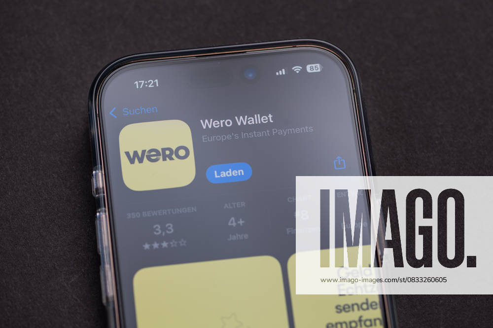 Smartphone shows the Logo the Wero wallet Application at his Screen 1103504019