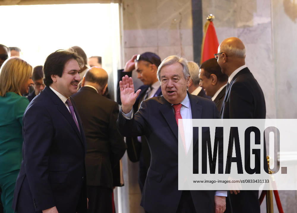 United Nations Secretary-General Antonio Guterres in Iraq BAGHDAD, IRAQ - MARCH 01: United Nations Secretary-General Antonio Guterres (R) meets Iraqi Foreign Minister Fuad Hussein (not seen) in Baghdad, Iraq on March 01, 2023. Baghdad Iraq. Editorial use only. Please get in touch for any other usage.