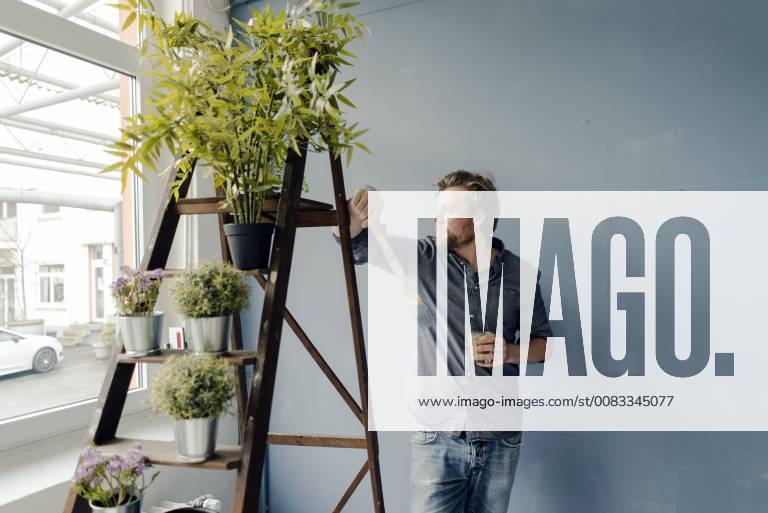 Man with glass of coffee and paint brush looking out of window model released Symbolfoto property released JOSF02159