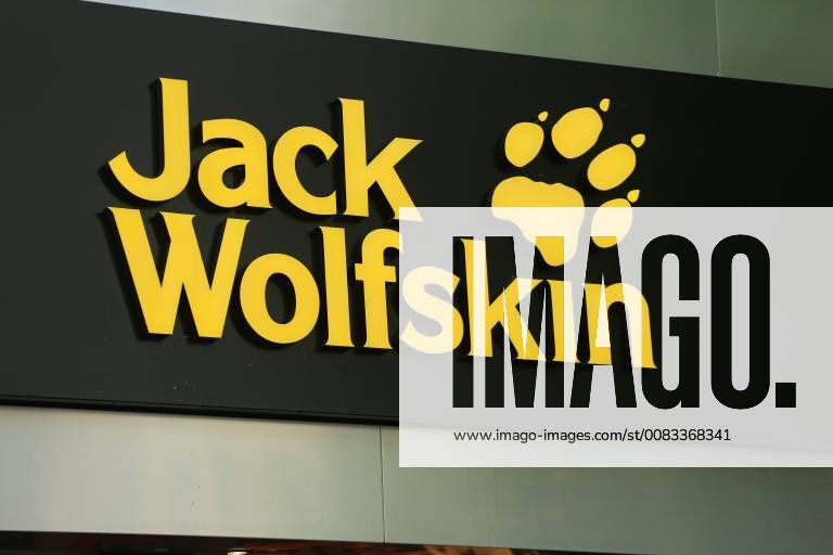 Munich, Bavaria, Germany - The logo of Jack Wolfskin is seen in the Munich pedestrian zone. Munich Germany - ZUMAn230 20180522_zaa_n230_1190