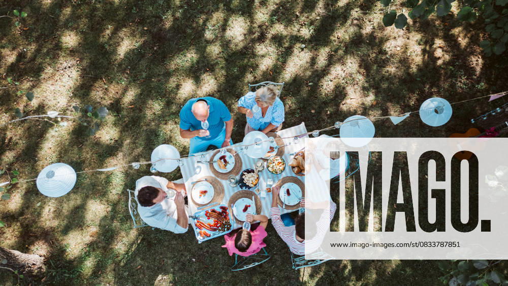 Top view of grandparents, parents and kids during grill party. Top view of grandparents, parents and kids during grill party. Family dining outdoors. model released