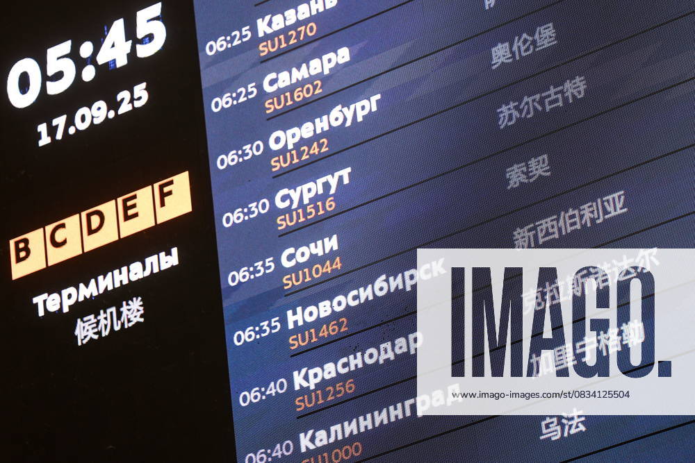 RUSSIA, MOSCOW REGION - SEPTEMBER 17, 2025: A departures board displays an Aeroflot flight to Krasnodar at Sheremetyevo International Airport. On 11 September 2025, Krasnodar International Airport resumed operations, with the first civil flight since 2022 expected to land there on September 17. Sofya Sandurskaya TASS 84063430