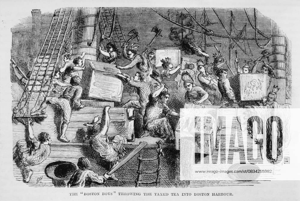 Boston Tea Party, US history, protest, historical, July 1, 2014 - The Boston Boys Throwing the Taxed Tea into Boston Harbor, Boston Tea Party, Illustration