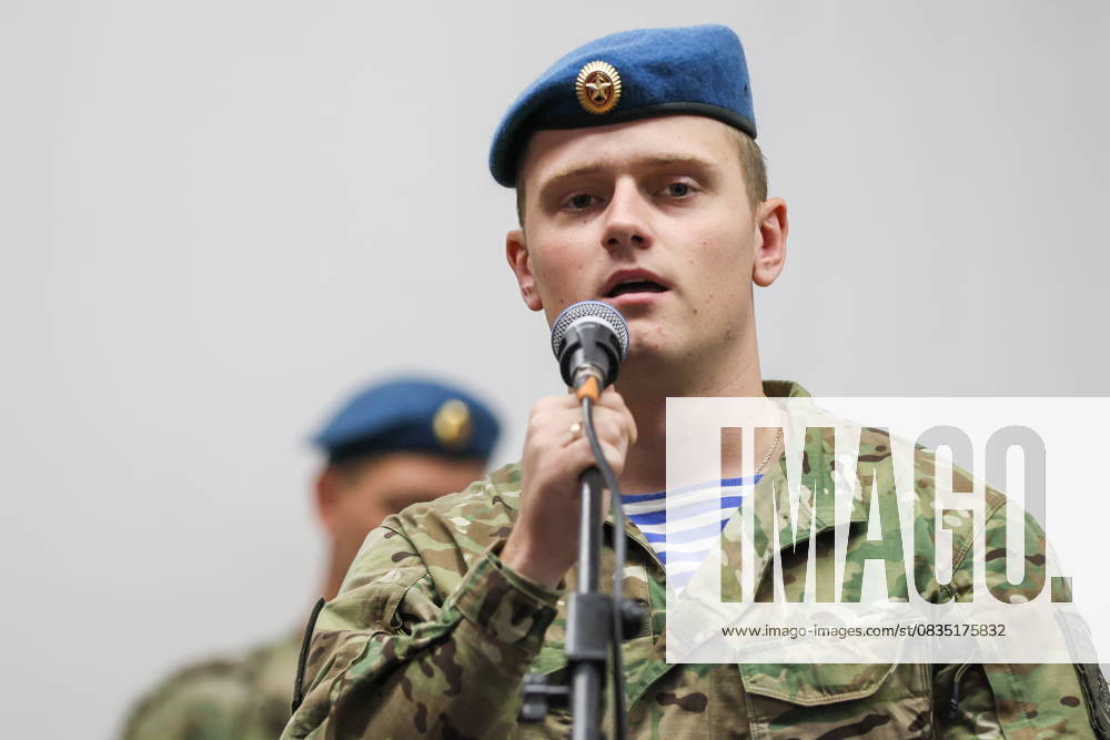 RUSSIA, DONETSK - SEPTEMBER 24, 2025: Servicemen perform during a concert by a Russian Army airborne brigade in a school. The concert is part of a public outreach campaign along the frontline. Dmitry Yagodkin TASS 84290366