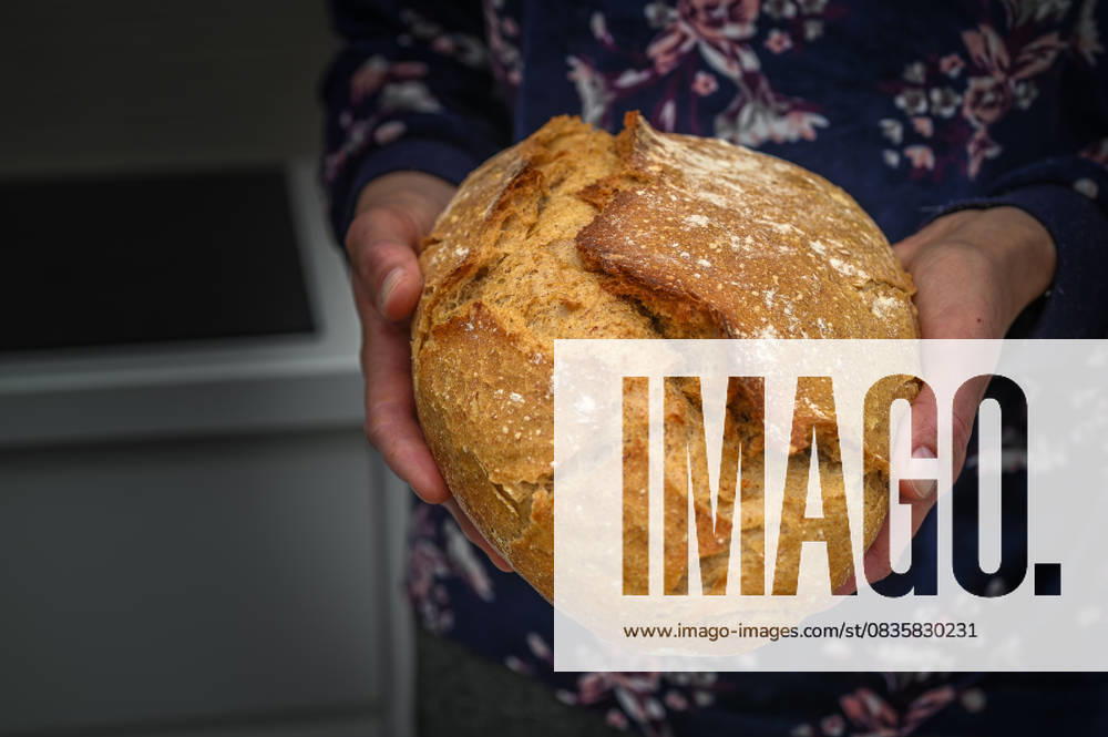 Homemade sourdough bread. Bright white kitchen.1 Female hand holding hot freshly baked bread 1, 60559816.jpg RECORD DATE NOT STATED
