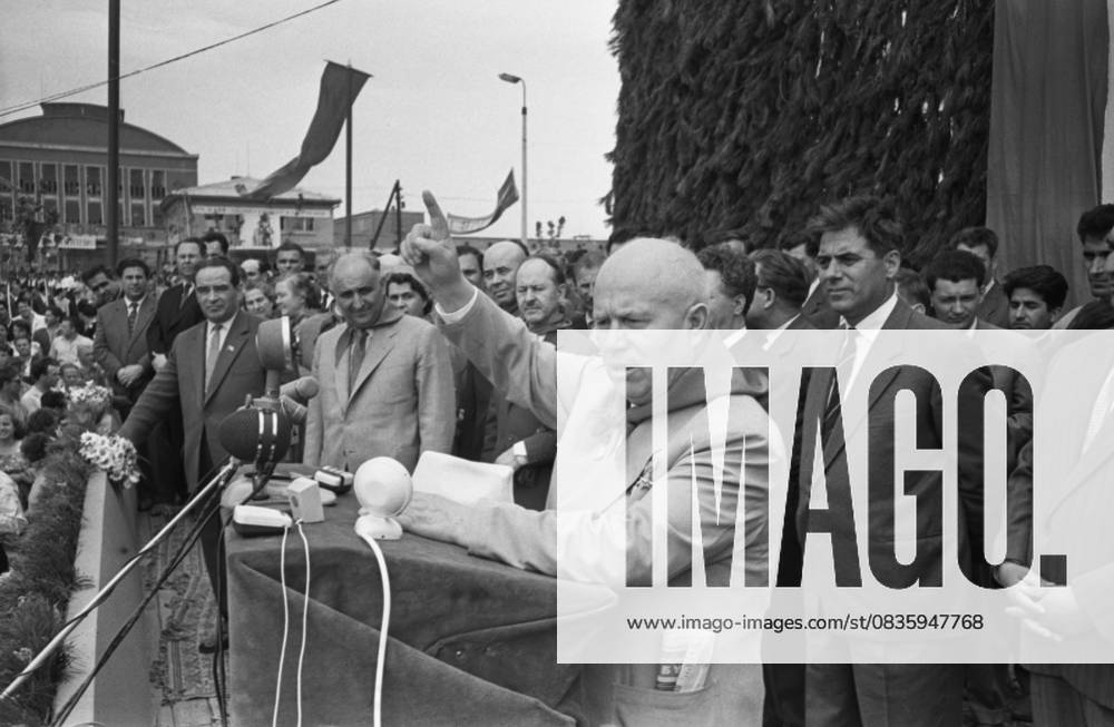 Dimitrovgrad, People s Republic of Bulgaria. First Secretary of the CPSU Central Committee, Chairman of the USSR Council of Ministers Nikita Khrushchev (front), First Secretary of the Central Committee of the Bulgarian Communist Party Todor Hristov Zhivkov (2nd L back) and Secretary of the CPSU Central Committee, Head of the International Department of the CPSU Central Committee Boris Ponomarev (R back) attend a rally at the Maritsa-Vostok Thermal Power Plant. Vasily Yegorov TASS 32398862