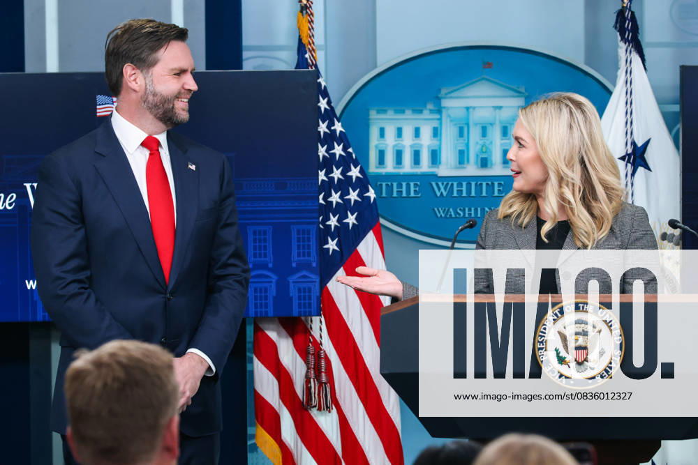 Vice President JD Vance joins White House Press Secretary Karoline Leavitt during a press briefing in the James S. Brady Press Briefing Room at the White House on Wednesday, October 1, 2025 in Washington, D.C. WASP209251001101 SamuelxCorum