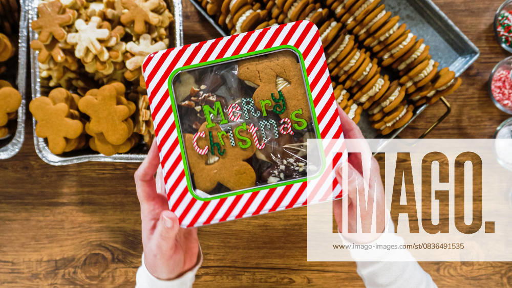 IMAGO Creative, Weihnachten, Food, Backen, Lebkuchen Festive Christmas Tin Boxes Filled with Chocolate-Dipped Treats Flat lay. Lovingly homemade gingerbread and sugar cookies, half-dipped in rich chocolate, nestled in decorative Christmas tin boxes perfect for seasonal gifting., 59372548.jpg RECORD DATE NOT STATED