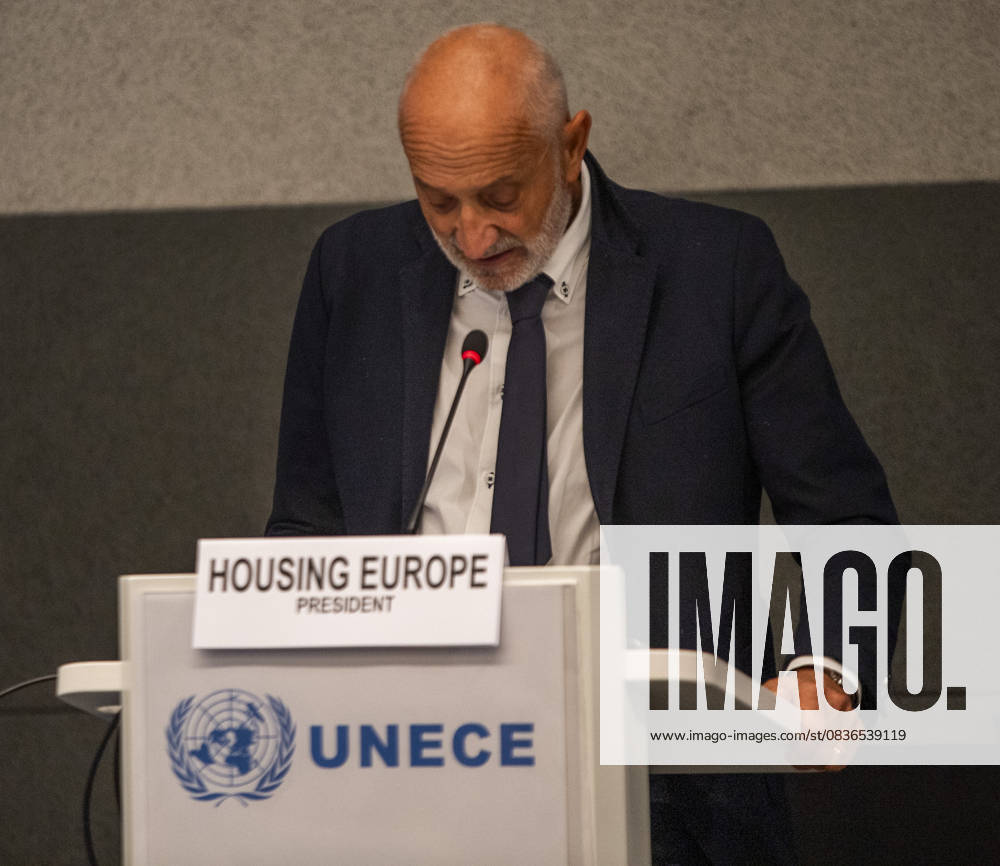 Geneva Switzerland, 10 08 2025: Mr. MARCO CORRADI (President of Housing Europe) explained the issues at European level during at the UNECE Ministerial meeting on housing affordability and sustainability (United Nations Economic Commission for Europe) and which is also the 86th session of the Committee on Housing, which concerns Urban Development and Land Management which took place at United Nations of Geneva in Geneva. Geneva Switzerland - ZUMAd206 20251008_zip_d206_022