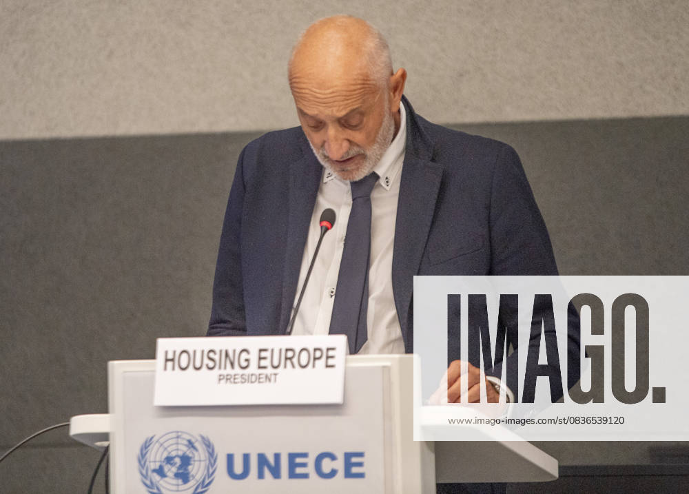 Geneva Switzerland, 10 08 2025: Mr. MARCO CORRADI (President of Housing Europe) explained the issues at European level during at the UNECE Ministerial meeting on housing affordability and sustainability (United Nations Economic Commission for Europe) and which is also the 86th session of the Committee on Housing, which concerns Urban Development and Land Management which took place at United Nations of Geneva in Geneva. Geneva Switzerland - ZUMAd206 20251008_zip_d206_023
