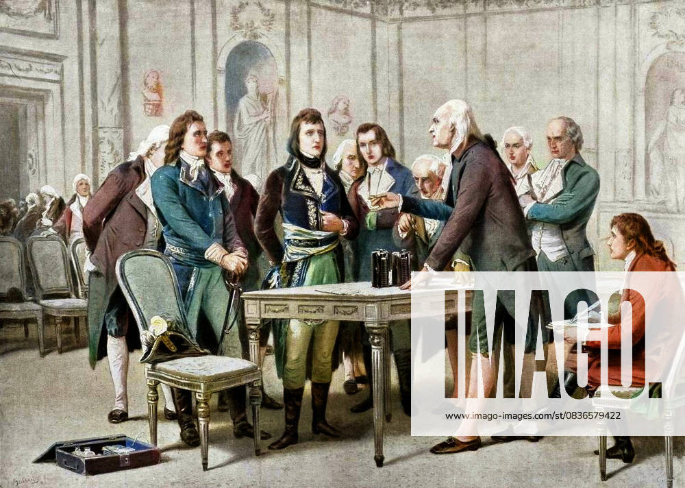 Volta demonstrating his voltaic pile before First Consul Napoleon Bonaparte December 2, 1801 the Italian physicist Alexandre Alessandro Volta 1745 1827 presented the functioning of the electric pile before the members of the Academie des sciences, in Paris Among them, Bonaparte, then First Consul