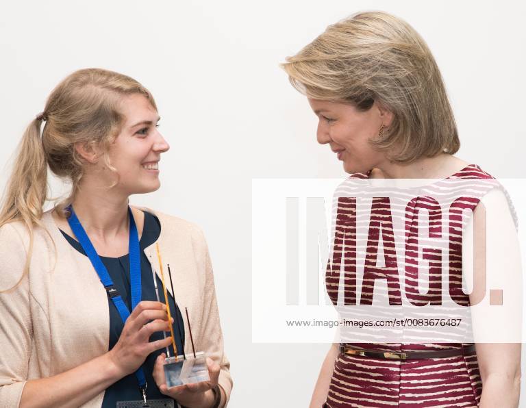 Queen Mathilde of Belgium (R) talks to Slaatje Praatje Coordinator Nele Decelle at the end of the tenth edition of the Federal Award ceremony for Poverty reduction , in Brussels, Friday 08 June 2018. BENOITxDOPPAGNE 05360865