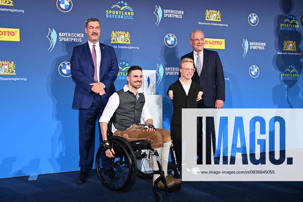 Markus SOEDER State Premier of Bavaria and CSU Chairman and Joachim HERRMANN Bavarian Minister of the Interior with Moritz Brueckner Wheelchair Rugby Jetzt erst Recht Award winner and laudator Josia TOPF Bavarian Sports Award 2025 at BMW Welt, Red Carpet on 11 10 2025