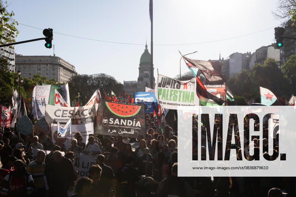 People gather in front of the National Congress to march in support of a ceasefire on the second anniversary of the Hamas attack on Israel that triggered the war in Gaza. Buenos Aires Argentina - ZUMAp265 20251007_zip_p265_001
