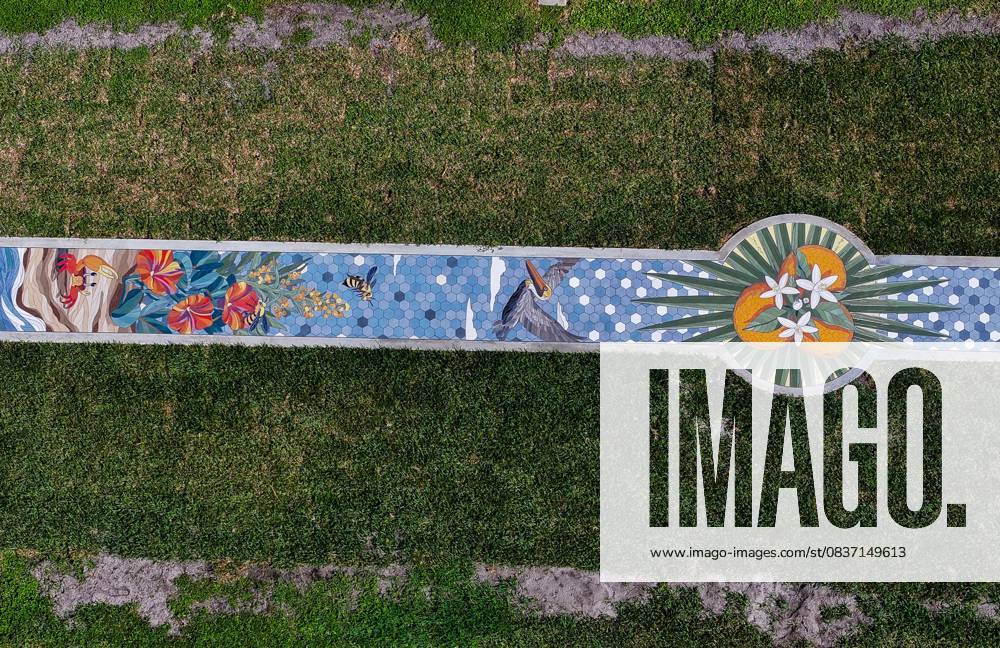 An aerial drone view of The Sunshine City Mosaic sidewalk mural at Sunset Park, 7340 Central Ave, on Monday, Oct. 13, 2025 in St. Petersburg. The 175 foot long side walk mural is the largest in the Southeast. St. Petersburg USA - ZUMAs70_ 20251013_zan_s70_048