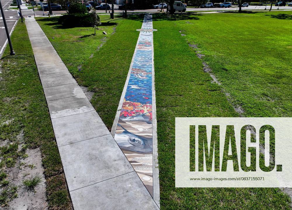 An aerial drone view of The Sunshine City Mosaic sidewalk mural at Sunset Park, 7340 Central Ave, on Monday, Oct. 13, 2025 in St. Petersburg. The 175 foot long side walk mural is the largest in the Southeast. St. Petersburg USA - ZUMAs70_ 20251013_zan_s70_046