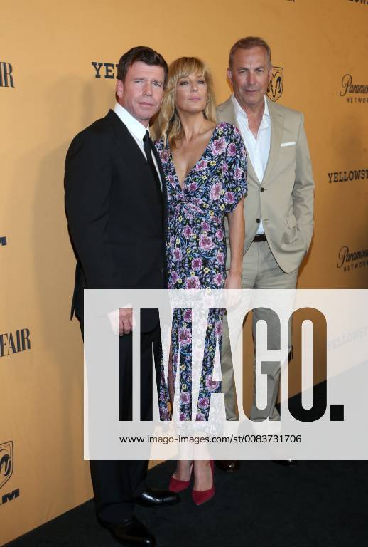 LOS ANGELES, CA - JUNE 11: Taylor Sheridan, Kelly Reilly, Kevin Costner, at the premiere of Yellowstone at Paramount Studios in Los Angeles, California on June 11, 2018.