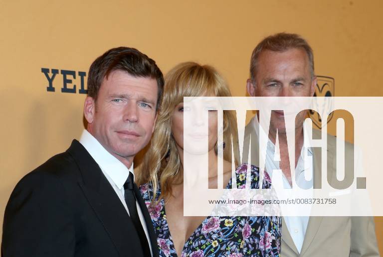LOS ANGELES, CA - JUNE 11: Taylor Sheridan, Kelly Reilly, Kevin Costner, at the premiere of Yellowstone at Paramount Studios in Los Angeles, California on June 11, 2018.