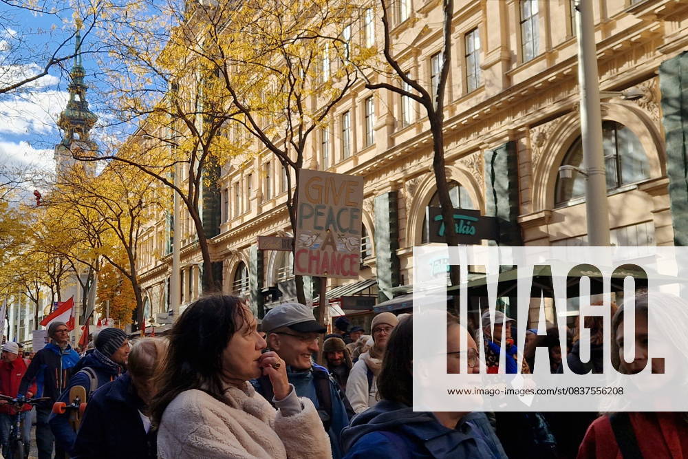 AUSTRIA, VIENNA - OCTOBER 18, 2025: People stage a protest against the militarisation of the EU and the conflict with Russia. Video grab. Best quality available. Maxim Cherevik TASS 84921202