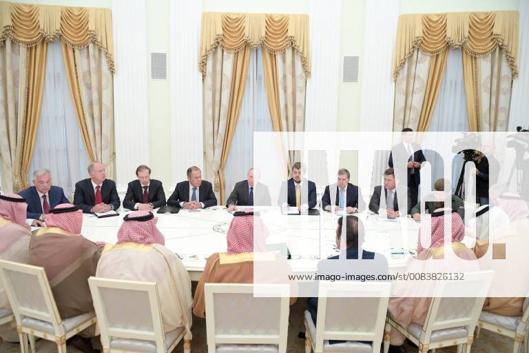 MOSCOW, RUSSIA â€“ JUNE 14, 2018: Dmitry Shugayev, Director of the Federal Service for Military and Technical Cooperation and Rostec Supervisory Board member, Russian Direct Investment Fund CEO Kirill Dmitriev, Russia s Industry and Trade Minister Denis Manturov, Russia s Foreign Minister Sergei Lavrov, and Russia s President Vladimir Putin (L-R), Russia s Chechen Republic head Ramzan Kadyrov, Russia s Energy Minister Alexander Novak, Russian Presidential Aide Yuri Ushakov (R-L) during a meeting with Saudi Arabia s Crown Prince Mohammed Bin Salman Al Saud at the Moscow Kremlin. Alexei Druzhinin Russian Presidential Press and Information Office TASS TS0841EE
