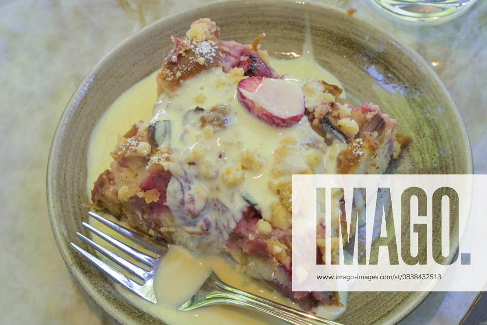 Fruit cake, rhubarb, strawberry, vanilla sauce, typical Finnish dish, Helsinki, Finland