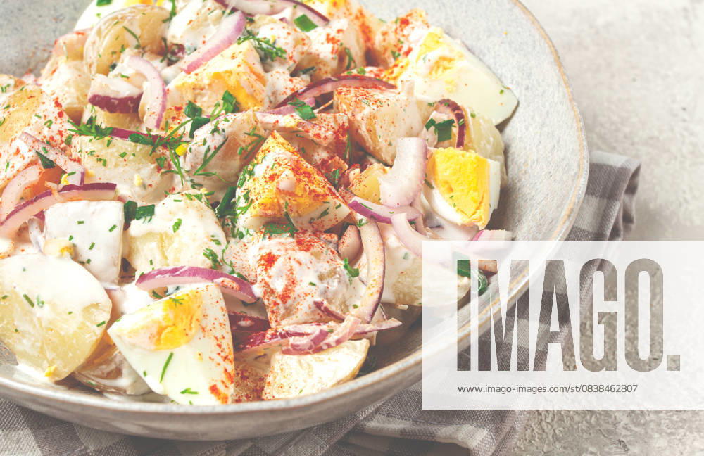 Kartoffel- und Eiersalat, rote Zwiebeln, mit Mayonnaise, hausgemacht, ohne Menschen, potato and egg salad, red onion, with mayonnaise, homemade, no people, (License=RF)