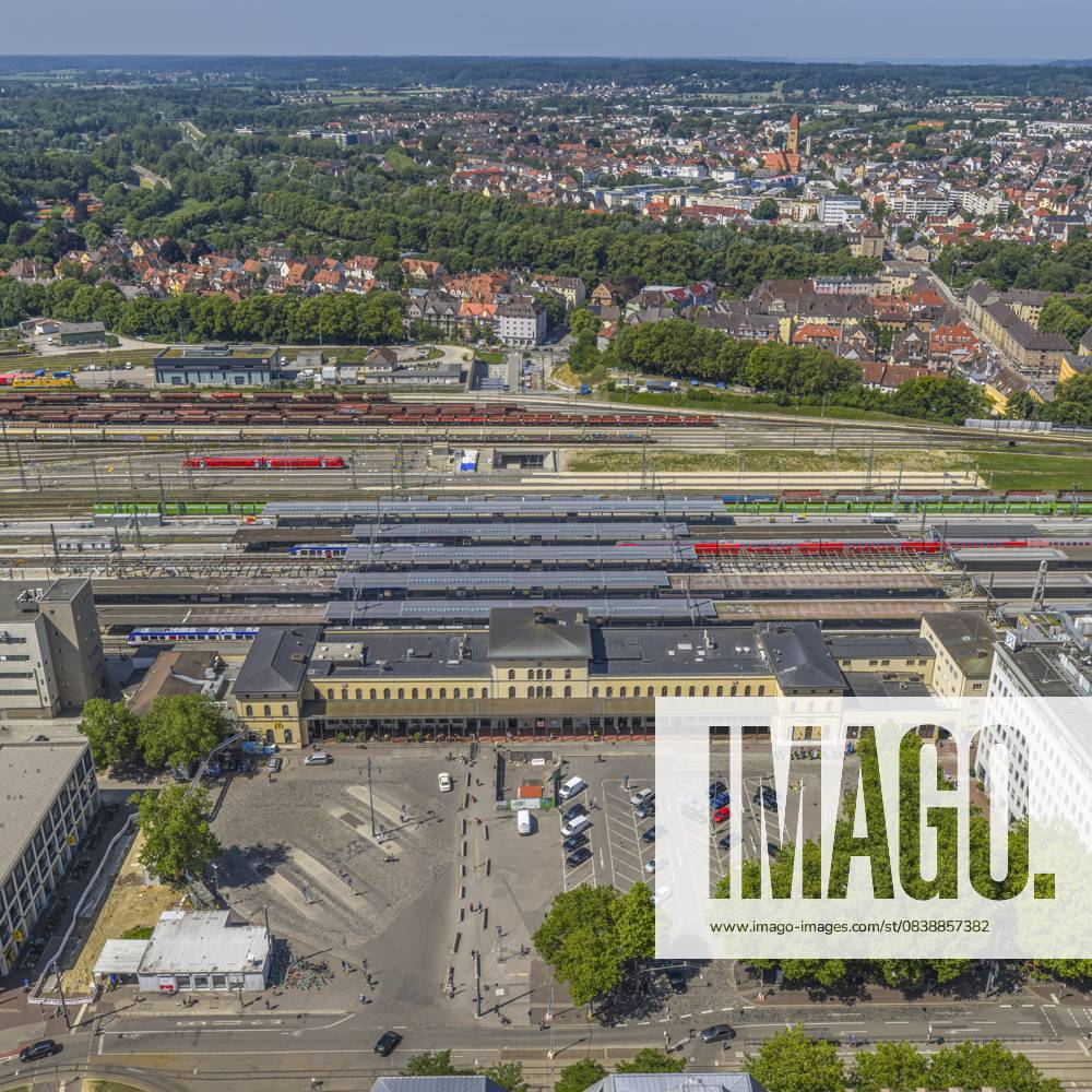 Augsburg city center from a birds eye view View of the city around the main railway station traffic hub View of the Swabian district capital of Augsburg around Augsburg railroad station district Bavaria Germany