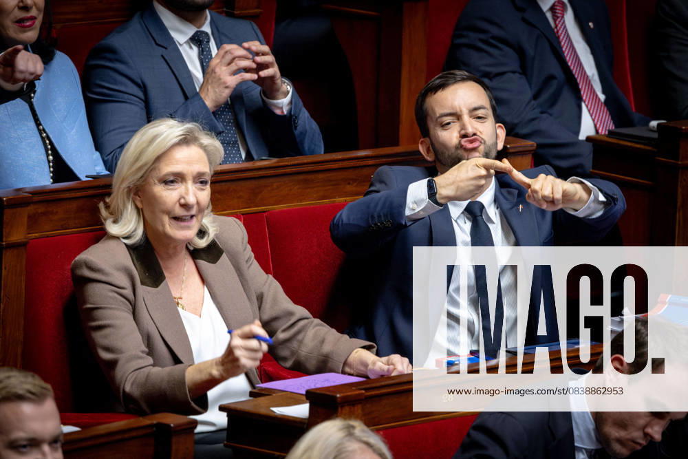 Parliamentary window of the Rassemblement National at the National Assembly - Paris AJ President of Rassemblement National parliamentary group Marine Le Pen and Rassemblement National s MP Jean-Philippe Tanguy gestures during the examinations of the texts by the niche parlementaire (parliamentary window) of the far-right group Rassemblement National (RN), at the National Assembly, France s lower house parliament, in Paris, on October 30, 2025. For its day reserved in the Assembly on October 30, 2025, the Rassemblement National chose to place first on the agenda a text aimed at denouncing the 1968 agreements with Algiers, putting the right and the Macronists in a dilemma: support the far-right or contradict themselves. Photo by Alexis Ju