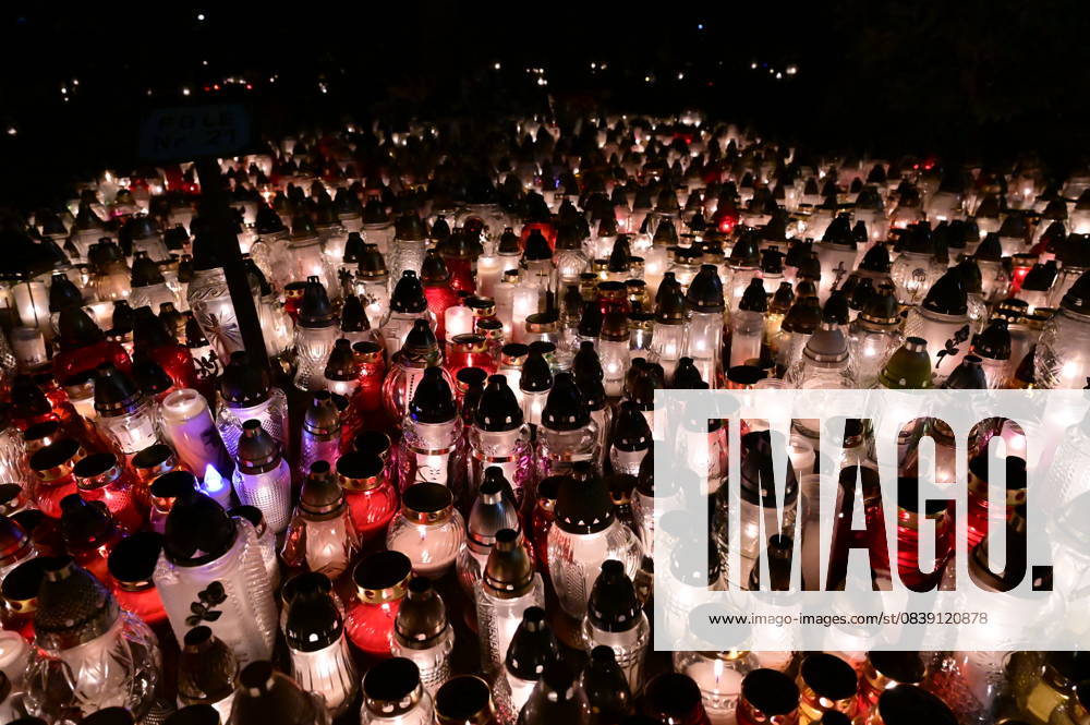 Hundreds of candles shine on graves on All Saints Day at the Zgorzelec Municipal Cemetery, Poland