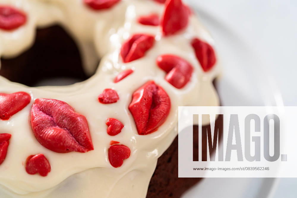 Red velvet bundt cake Freshly baked red velvet bundt cake with chocolate lips and hearts over cream cheese glaze for Valentine s Day., 60073264.jpg RECORD DATE NOT STATED