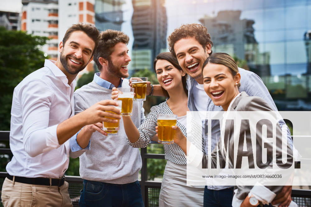 Business people, outdoor portrait and alcohol for team event, laughing and motivation on rooftop. Employees, beer and celebration of company success or hard work, diversity and drinking together Business people, outdoor portrait and alcohol for team event, laughing and motivation on rooftop. Employees, beer and celebration of company success or hard work, diversity and drinking together., model released, , 62032294.jpg RECORD DATE NOT STATED