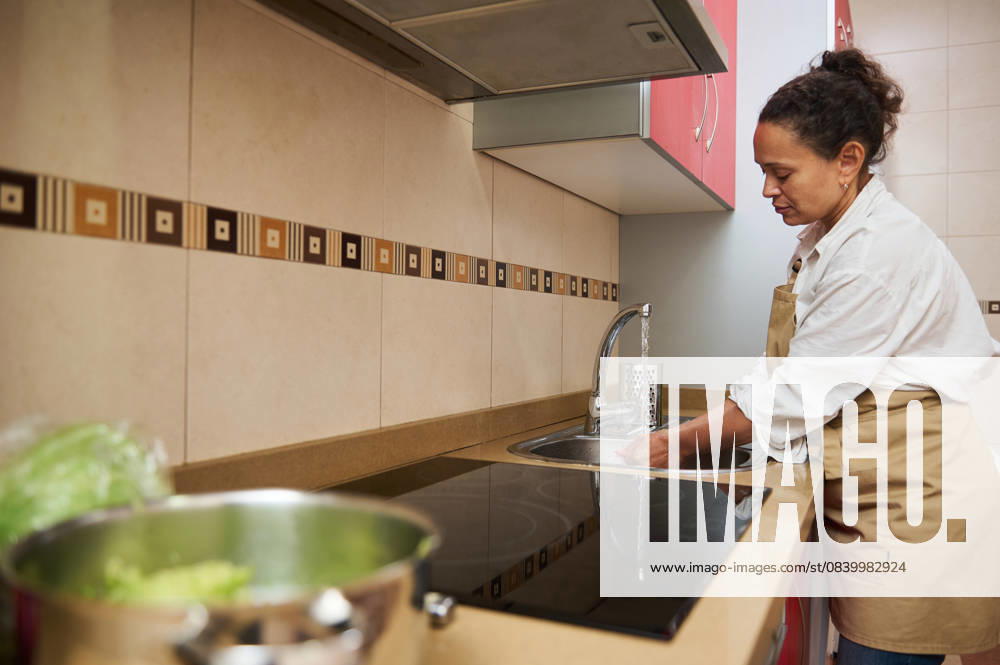 Woman in kitchen washing hands before cooking with vegetables Woman washes hands in a modern kitchen before preparing a meal with fresh vegetables, demonstrating hygiene and healthy cooking practices., model released, , property released, , 62816684.jpg RECORD DATE NOT STATED