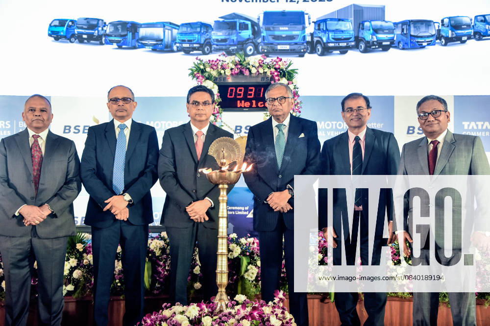 Listing ceremony of Tata Motors Limited, the commercial vehicle business entity following the demerger Mumbai, Nov 12 (ANI): Chairman of Tata Sons Natarajan Chandrasekaran, MD & CEO, Tata Motors Limited, Girish Wagh, Managing Director and Chief Executive Officer of BSE, Sundararaman Ramamurthy and other dignitaries in a group picture during the Tata Motors Commercial Limited Listing Ceremony at BSE, in Mumbai on Wednesday. Mumbai Maharashtra India
