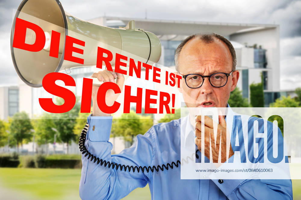 Bundeskanzler Friedrich Merz mit Megafon und Sprechblase DIE RENTE IST SICHER, Zitat von Bundesarbeitsminister Norbert Blüm, Satire zum Rentenstreit um die überfällige Rentenreform und zu Generationengerechtigkeit, Fotomontage, November 2025 Deutschland, Berlin, November 2025, Bundeskanzler Friedrich Merz, 70, Satire, Fotomontage mit Megafon und Sprechblase DIE RENTE IST SICHER, Zitat von Bundesarbeitsminister Norbert Blüm 1986, Symbolfoto zum aktuellen Rentenstreit mit der Jungen Union über Generationengerechtigkeit, Belastung der jungen Generation zugunsten der Millionen Rentner, Millionen Babyboomer gehen aktuell in Rente, das Rentenniveau wird aber von der Regierung bei 48 % garantiert, die überfällige Reform des Rentensystems w