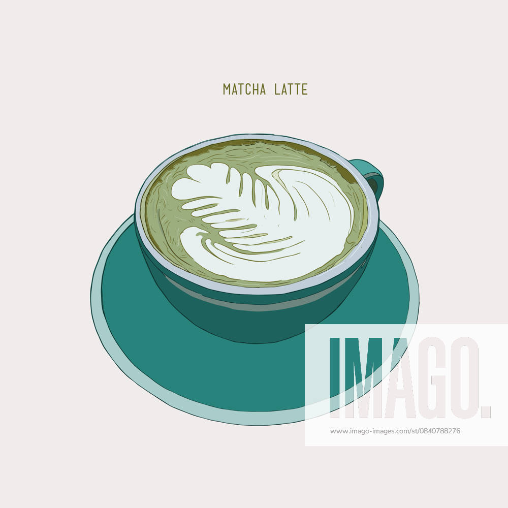 Matcha Latte With Art A beautiful sketch of a matcha latte with intricate latte art. Perfect for coffee shops, cafes, or beverage-related themes.