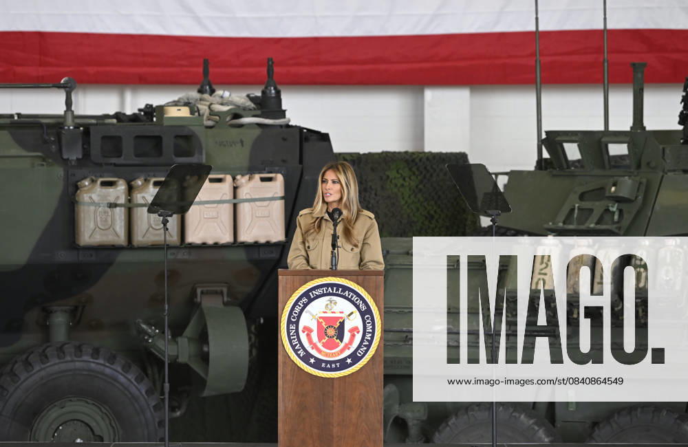 First Lady Melania Trump visits Camp Lejeune, North Carolina NORTH CAROLINA, UNITED STATES - NOVEMBER 19: First Lady Melania Trump makes a speech during a visit to Camp Lejeune and MCAS New River, where she and Second Lady Usha Vance took part in educational activities with students and participated in holiday appreciation events before addressing a large gathering on base in Richlands, North Carolina, United States, on November 19, 2025. During their visit, Mrs. Trump and Mrs. Vance participated in several engagements throughout the base, including activities with students as part of their children’s education initiatives. Peter Zay Anadolu North Carolina United States. Editorial use only. Please get in touch for any other usage.