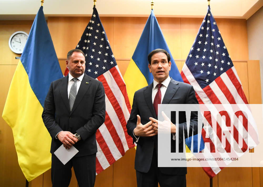 (251124) -- GENEVA, Nov. 24, 2025 -- U.S. Secretary of State Marco Rubio (R) speaks during a press briefing at the United States Mission to the United Nations and Other International Organizations in Geneva, Switzerland, Nov. 23, 2025. Representatives from the United States, Ukraine and European countries met in Geneva, Switzerland, on Sunday to discuss ways aimed at ending the Russia-Ukraine conflict. According to media reports, U.S. Secretary of State Marco Rubio and U.S. Special Envoy to the Middle East Steve Witkoff attended the meeting. The Ukrainian delegation was led by Andriy Yermak, head of the Ukrainian Presidential Office. Also, national security advisers from France, Germany and the United Kingdom, as well as representati