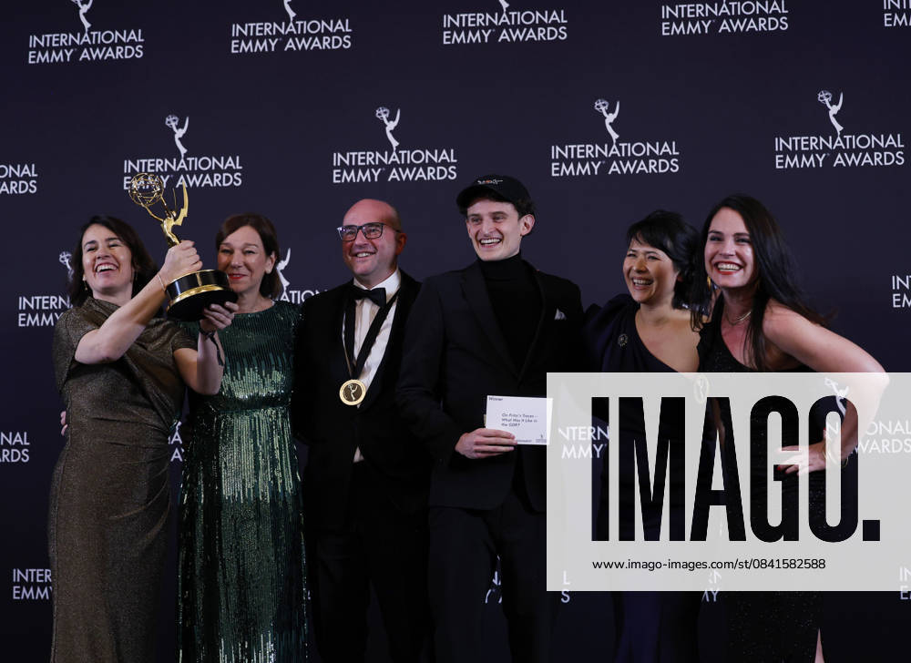 German director Ralf Kukula (3L) and his team arrive in the press room with the International award for Auf Fritzis Spuren Wie war das so in der DDR at the 53rd International Emmy Awards at New York Hilton Midtown in New York City on Monday, November 24, 2025. NYP20251124267 JohnxAngelillo