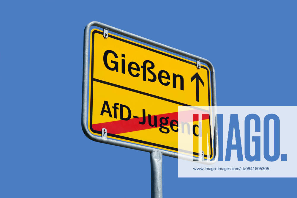 Place name sign with Giessen and crossed-out AfD youth Photomontage Place name sign with Giessen and crossed-out AfD youth, 25 11 2025, On a place name sign is the lettering Giessen and the crossed-out AfD youth