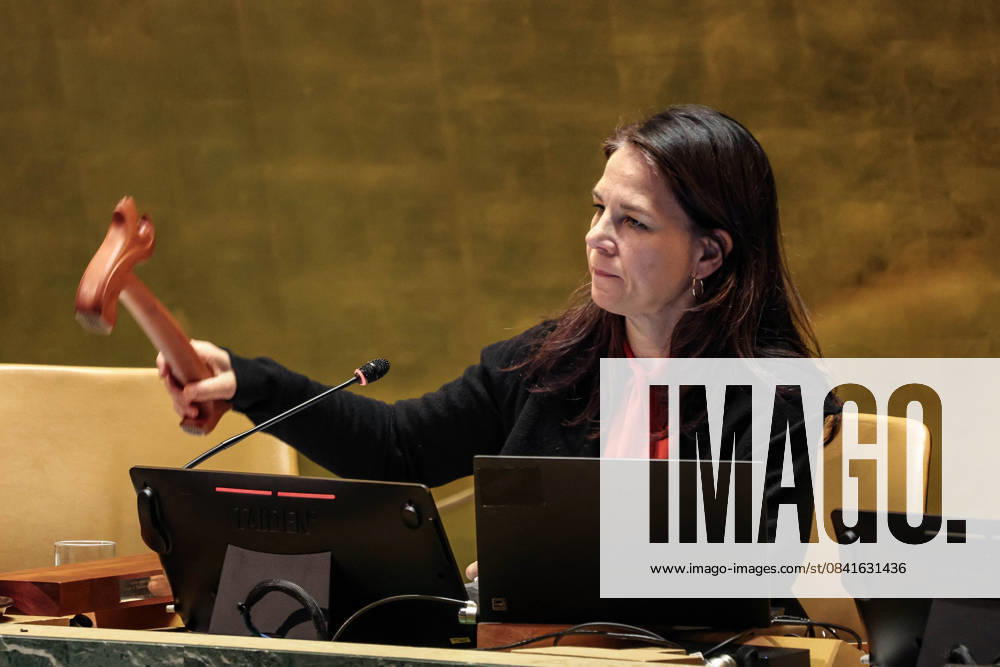 President of the General Assembly ANNALENA BAERBOCK hits the Thorâ€⠢s Gavel to close the High-Level Meeting on the appraisal of the UN Global Plan of Action to Combat Trafficking in Persons at UNHQ, member delegates spoke for two days warning of a sharp increase in women child victims and forced labour, driven by conflict, displacement and climate-related crises, and urged stronger laws, digital-age protections and accountability to end exploitation. New York USA - ZUMAo116 20251125_znp_o116_030
