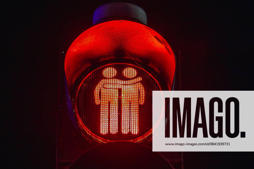 Diversity traffic lights on Siemens Campus Erlangen at night, Erlangen, 01 12 2025 A red pedestrian traffic light signal shows two male figures embracing each other in a friendly or loving embrace a strong sign of tolerance and equality These diversity traffic lights underline the commitment to diversity, inclusion and LGBTQ visibility 20251201-6V2A2973-M4000