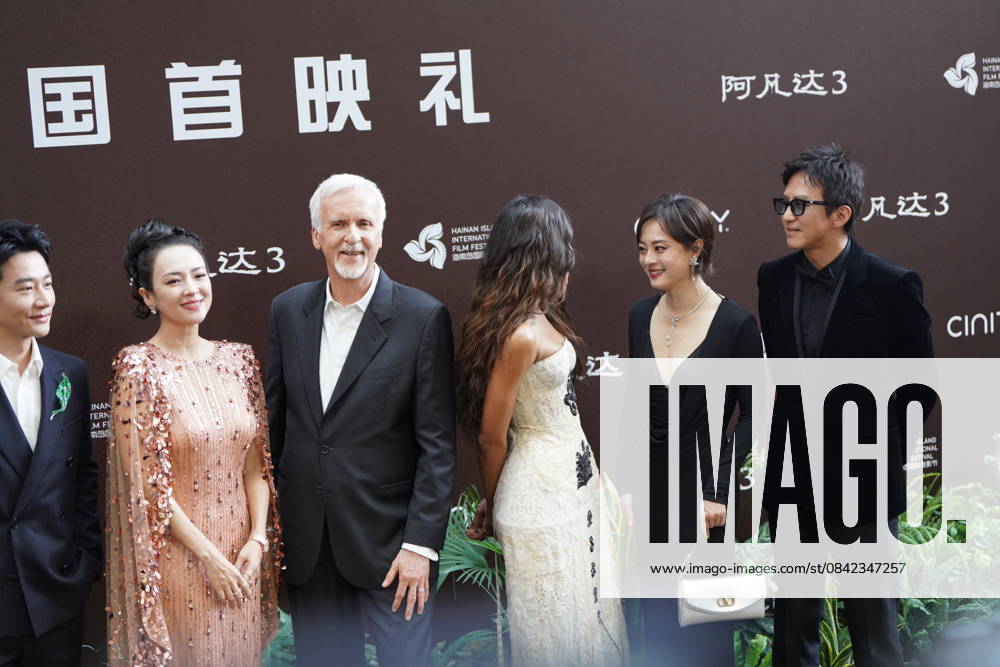 (L-R) Actor Huang Xuan, actress Zhang Ziyi, director James Cameron, American actress Zoe Saldana, actress Susan Sun Li and actor Deng Chao attend the China premiere of film Avatar: Fire and Ash on December 8, 2025 in Sanya, Hainan Province of China.