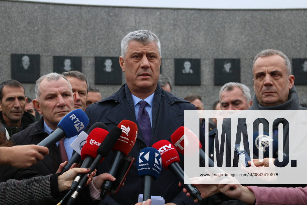 President of Kosovo Hashim Thaci RACAK, KOSOVO - DECEMBER 10: President of Kosovo Hashim Thaci speaks to press members during his visit to the memorial dedicated to the victims of the Racak massacre, in the village of Racak, Kosovo, 10 December 2019. Kosova World. Editorial use only. Please get in touch for any other usage.