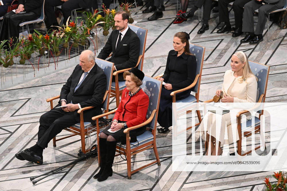 King Harald V of Norway, Magnus Haakon, the Crown Prince of Norway, Queen Sonja of Norway, Princess Ingrid Alexandra of Norway and Crown Princess Mette-Marit of Norway attend the 2025 Nobel Peace Prize presentation ceremony at Oslo City Hall on December 10, 2025 in Oslo, Norway OSL202510222 PAULxTREADWAY